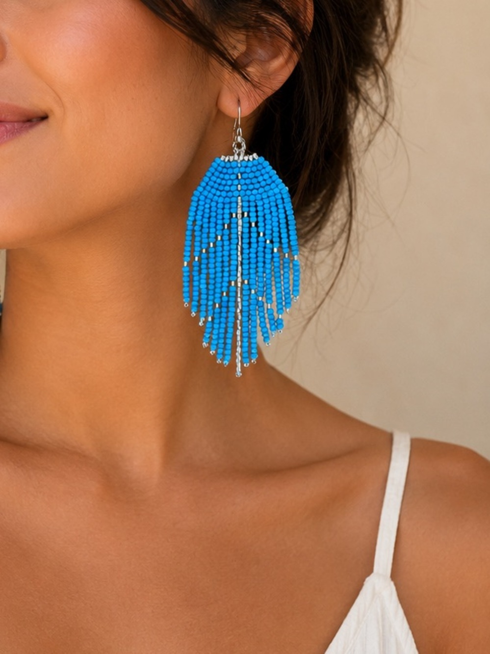 🔹 EUC America & Beyond Blue Beaded Fringe Feather Drop Earrings